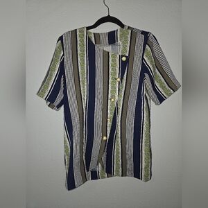 Striped Button-Up Shirt with Green Accents With Matching Skirt